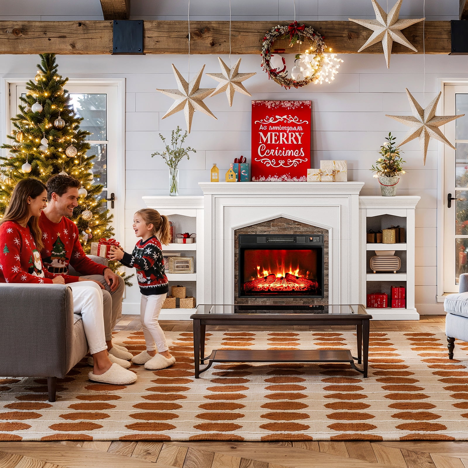 LGHM 80" Fireplace TV Stand with Storage & Bookshelves, Electric Fireplace with Mantel, Farmhouse Entertainment Center for TVs up to 90", White