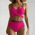 thumbnail image 3 of Women's High Waist Bikini Set Cross Back Tummy Control Two Piece Swimsuit Cover Belly Beach Swimwear for Vacation,Hot Pink,L, 3 of 8