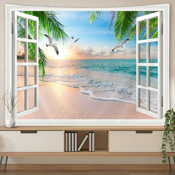 Tropical Beach Landscape Tapestry Wall Art Hanging, Summer Sea Island Palm Tree Seagull Nature Sunrise Tapestries Wall Decorations for Bedroom Home Living Room College Dorm