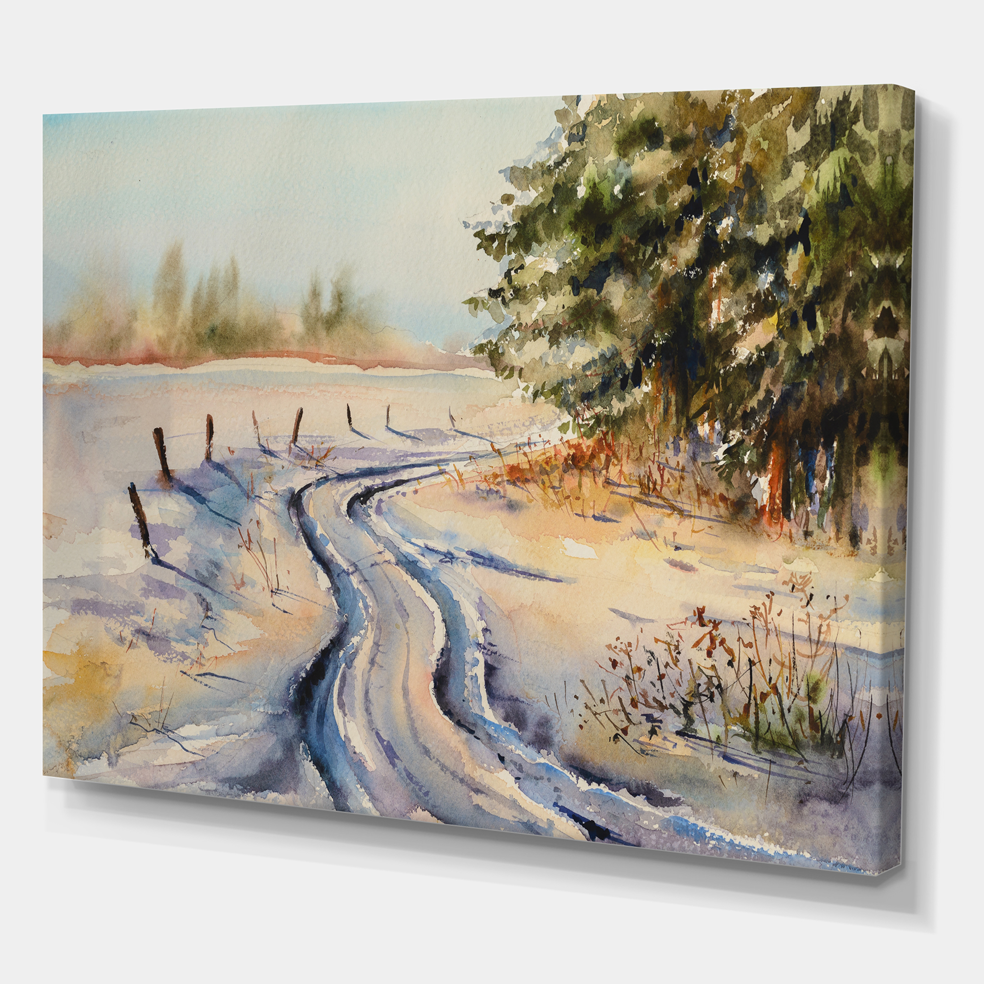 Designart ' Snowy Winter Forest Landscape Rural Road In Snow ' Traditional Canvas Wall Art Print