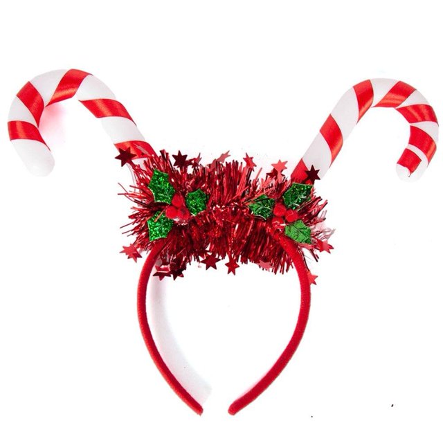 diadema de bastones de caramelo navideños con luz led, diadema con luces navideñas, accesorio para disfraz de cosplay para fiesta navideña multicolor: banda forrada roja con dos bastones de caramelo en espiral rojo y blanco, centro con borla metálica roja, estrellas decorativas y hojas verdes con pompones; luces LED en los bastones visibles, talla única flexible adecuada para adultos y niños, a menudo usada como accesorio de fiesta o para selfies en celebraciones.