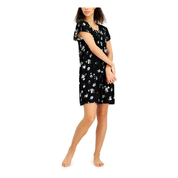 CHARTER CLUB Intimates Black Pleat Front Above the Knee Short Flutter Sleeves Floral Nightgown XL