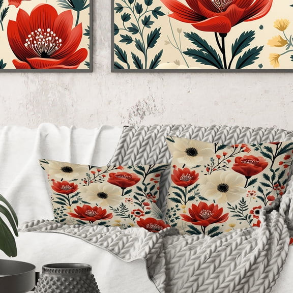 Designart "Nostalgic Florals in Red and Beige" Floral Printed Throw Pillow
