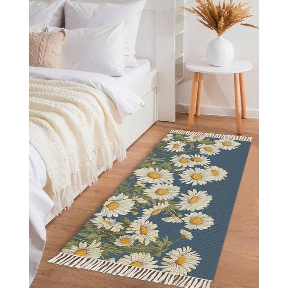 Daisy Hallway Runner Rug 2x6ft,Spring Floral Summer Botanical Elegant Navy Blue Washable Woven Living Room Bedroom Kitchen Bathrom Carpet with Tassels,Indoor Outdoor Throw Door Mat for Entryway