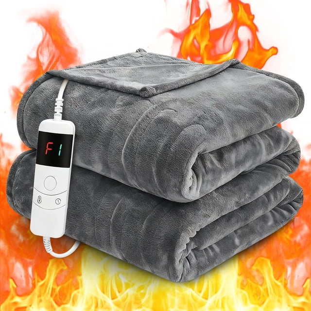 Biwat-Heated Blanket Electric Throw 50"x60" Flannel Electric Blanket Machine Washable with 10 Fast Heating Levels 1/2/4/6/8H Auto Off Office Home Chair Bed Use Gray