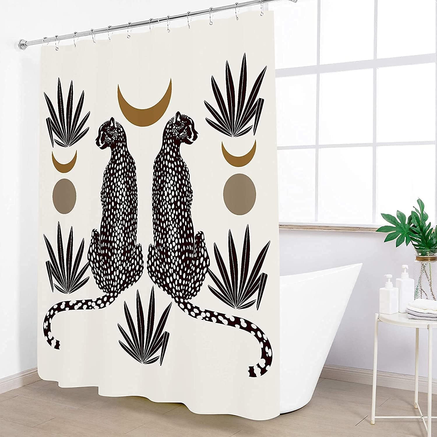 Boho Cheetah Leopard Shower Curtain Set 72Wx72H Inch Modern Aesthetic Wildlife Bathroom Shower Curtain Abstract Moon Bath Curtains Tropical Jungle Safari Art Bathtub Accessories Home Decor
