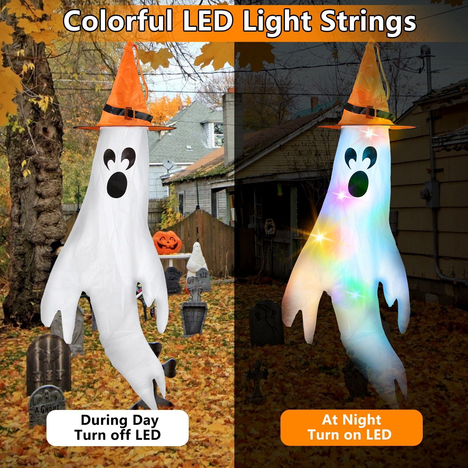 4Pcs Hanging Ghost Windsocks with Witch Hats LED String Lights Halloween Outdoor Decor
