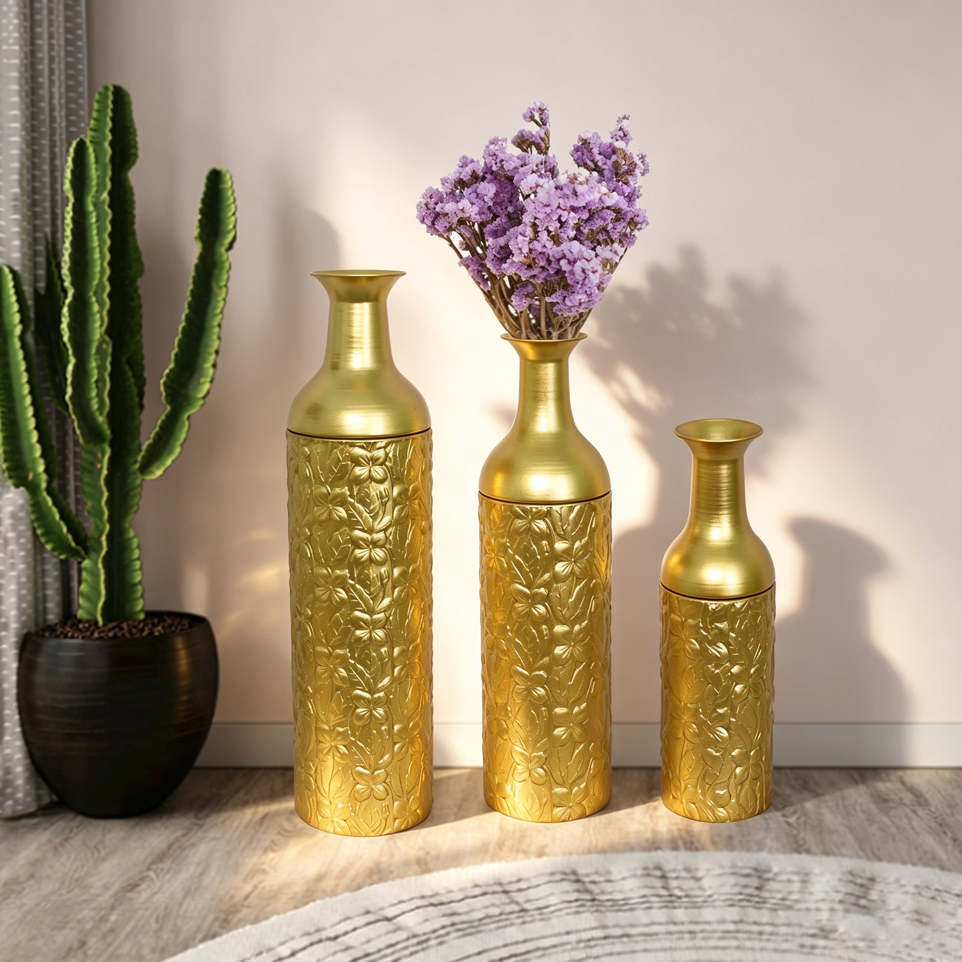 Metal Floor Vases Set of 3 with Leaf Pattern, Tall Decorative Vases and Home Decor Accents for Living Room Entryway, Gold