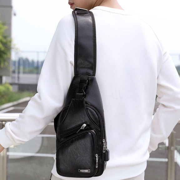 Men Women Lightweight PU Leather Sling Bag, Adjustable Crossbody Chest Bag with Earphone Hole, Multi Compartment Small Daypack Fits 7.9 Inch Tablet for Hiking Cycling Camping Daily Travel