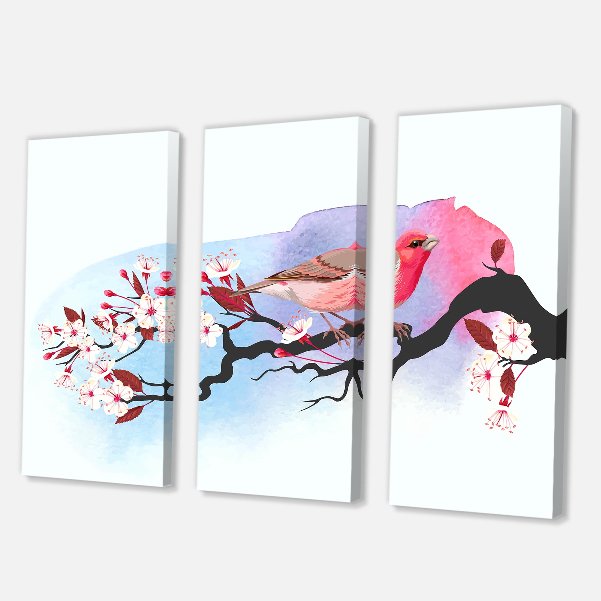 Designart ' Pink Bird Sitting On Cherry Branch ' Traditional Canvas Wall Art Print