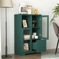 thumbnail image 3 of Knubmt Wooden Storage Cabinet with 1 Open Shelf and Inner Shelf, 2 Glass Doors Floor Storage Cabinet for Living Room, Bathroom, Entryway, Office, Green, 3 of 6