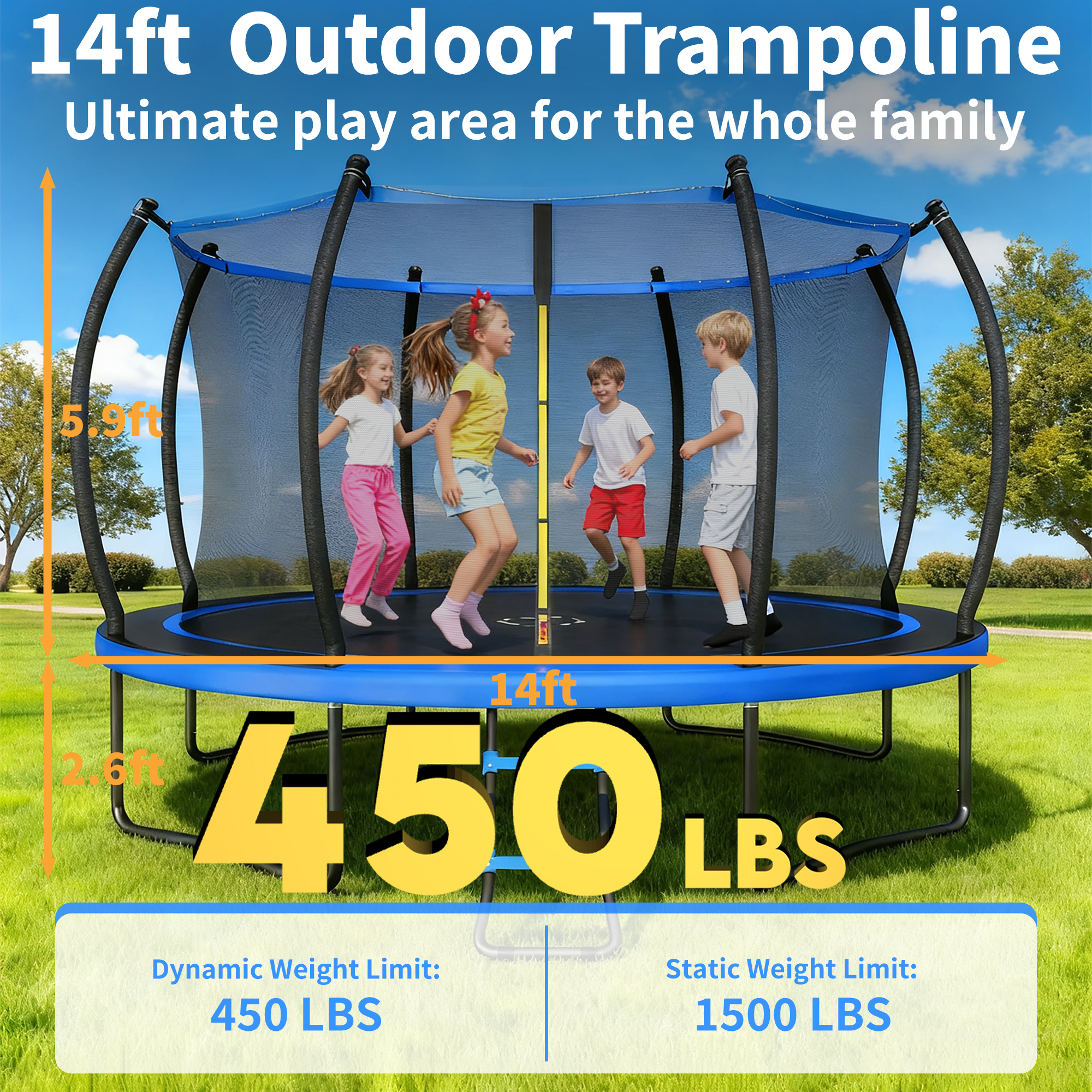 Outdoor Trampoline,Fashionsport Outfitters 10FT/12FT/14FT /16FT Round Trampoline with LED Lights, Recreational Backyard Trampolines Anti-Rust for Kids and Adults with Net and Ladder