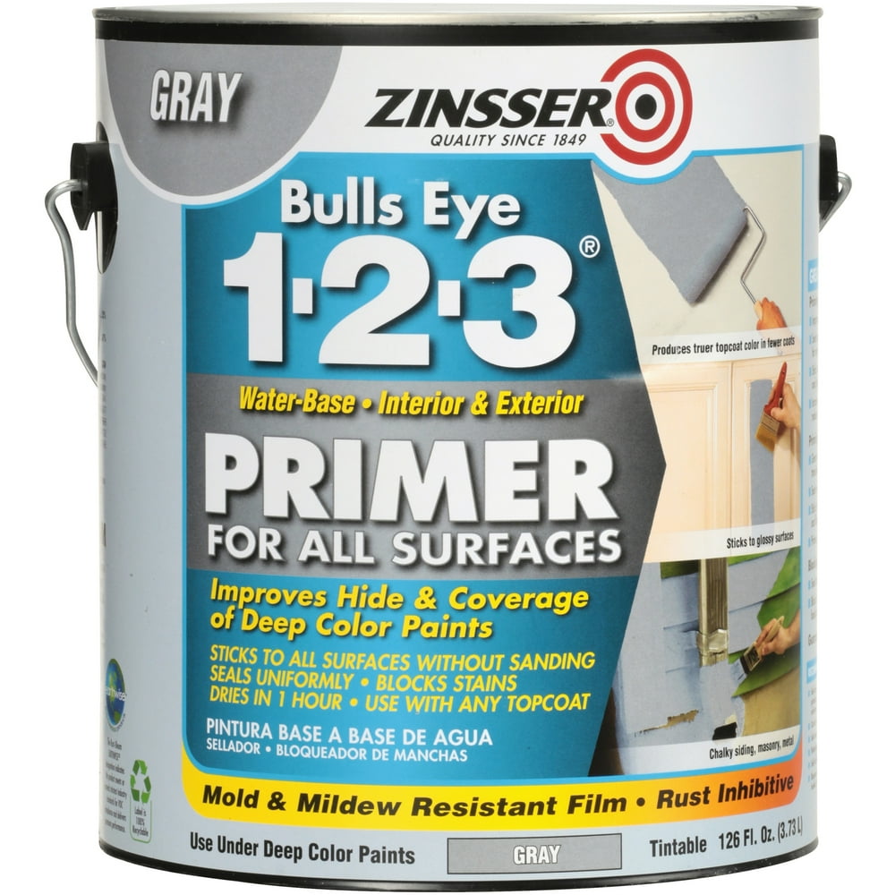 Gray, Zinsser Bulls Eye 123 Primer for All Surfaces Flat, Gallon