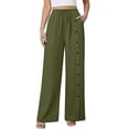 thumbnail image 2 of Bloomae Womens Wide Leg Linen Pants Summer Casual Button Decor Baggy Elastic High Waisted Palazzo Beach Vacation Slacks Trousers with Pockets Army Green S, 2 of 8
