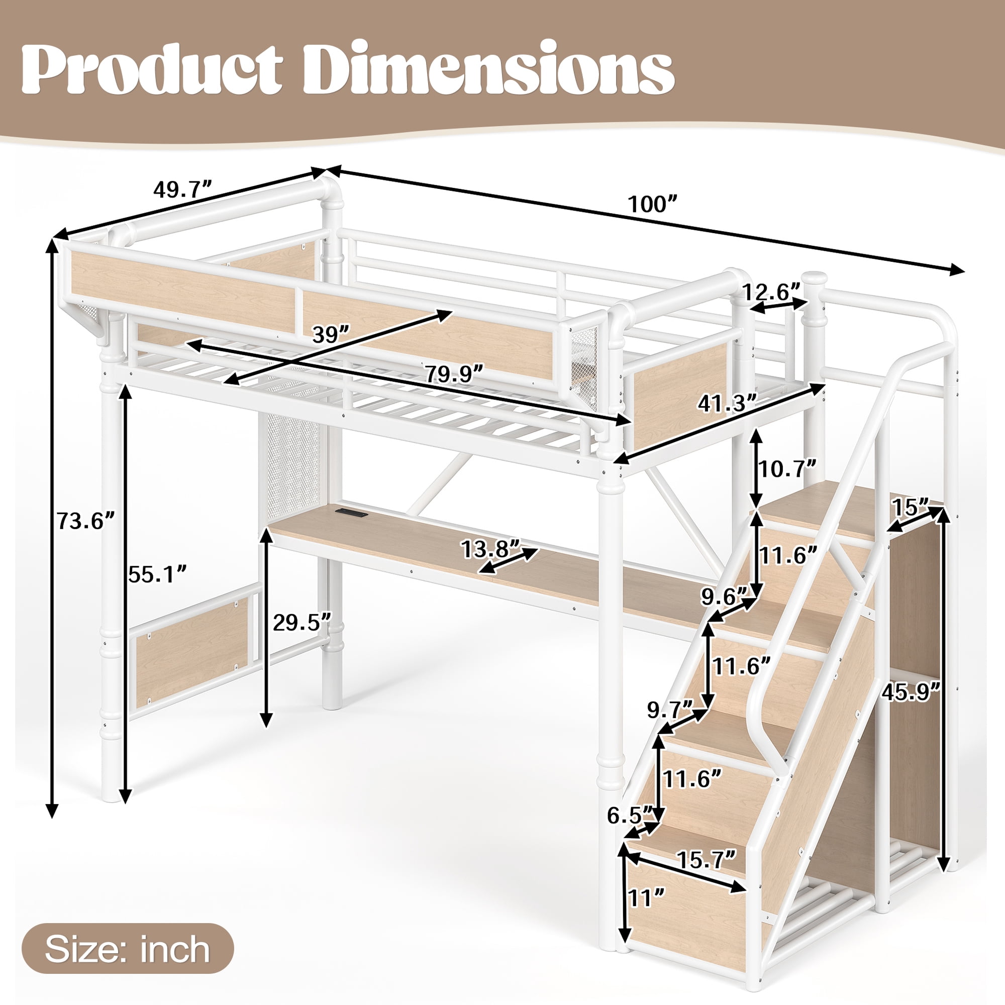 Leumius Twin XL Size Metal Loft Bed with Built-in Desk & Power Outlet, LED Strip, Industrial Metal Loft Bed Frame with Pegboard & Mesh Storage Baskets, Storage Stairs with Wardrobe, White
