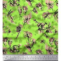 Soimoi Green Japan Crepe Satin Fabric Dragonfly,Floral & Texture Decor Fabric Printed BTY 42 Inch Wide