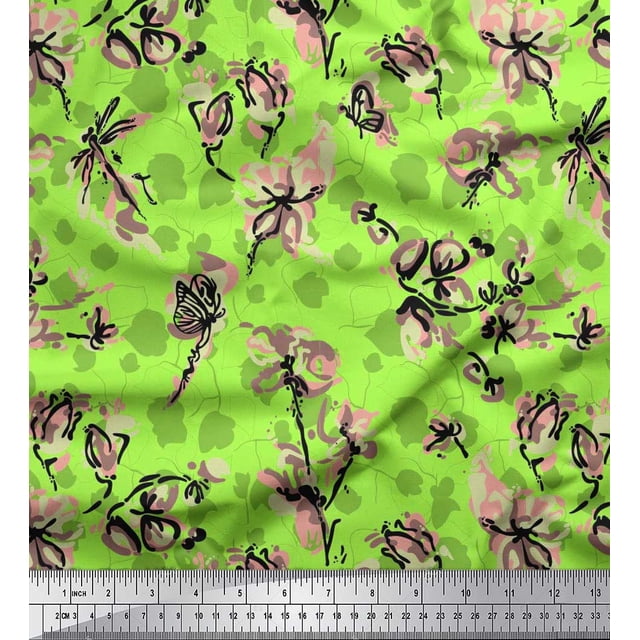Soimoi Green Cotton Duck Fabric Dragonfly,Floral & Texture Print Sewing Fabric BTY 56 Inch Wide
