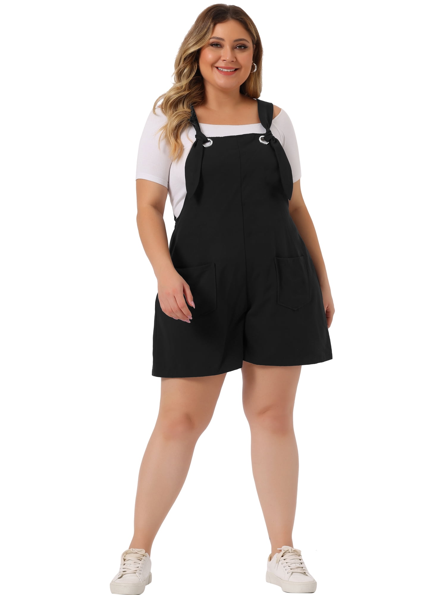 DARING DIVA Women's Plus Sleeveless Square Neck Tie Shoulder Romper Shorts 1X Black
