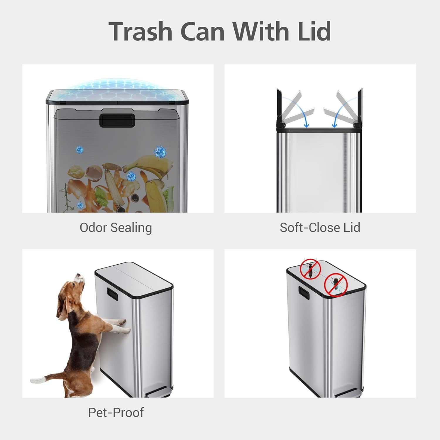 Garvee 14.79 Gallon Kitchen Step Trash Can with Lid, 2 Inner Bucket Waste & Recycling, Silver