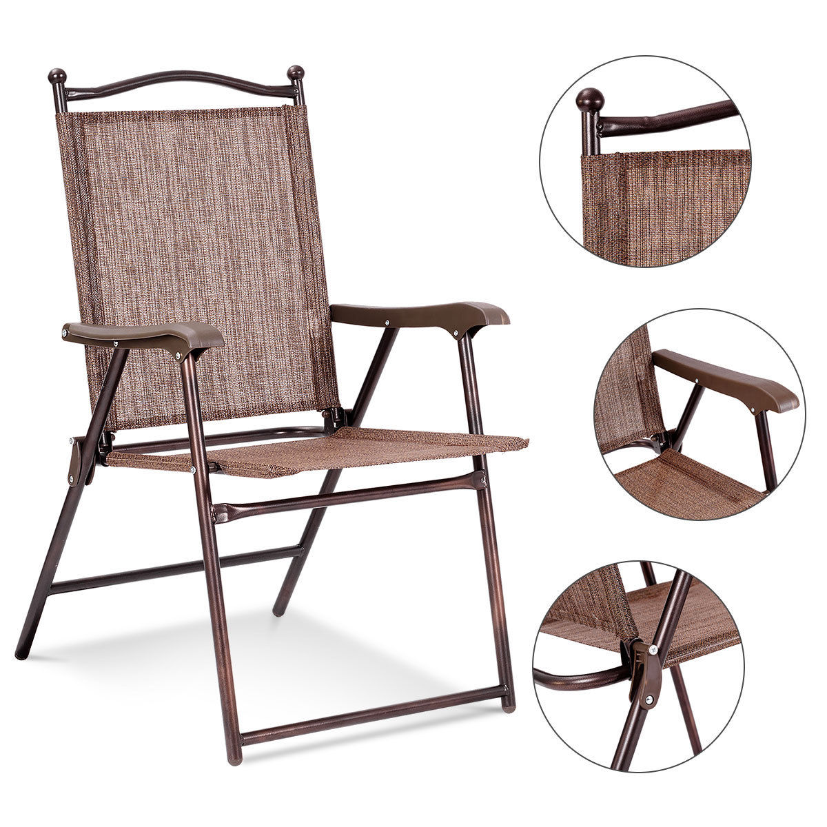 Costway Set of 2 Patio Folding Sling Back Chairs Camping Deck Garden Beach Brown - image 5 of 9
