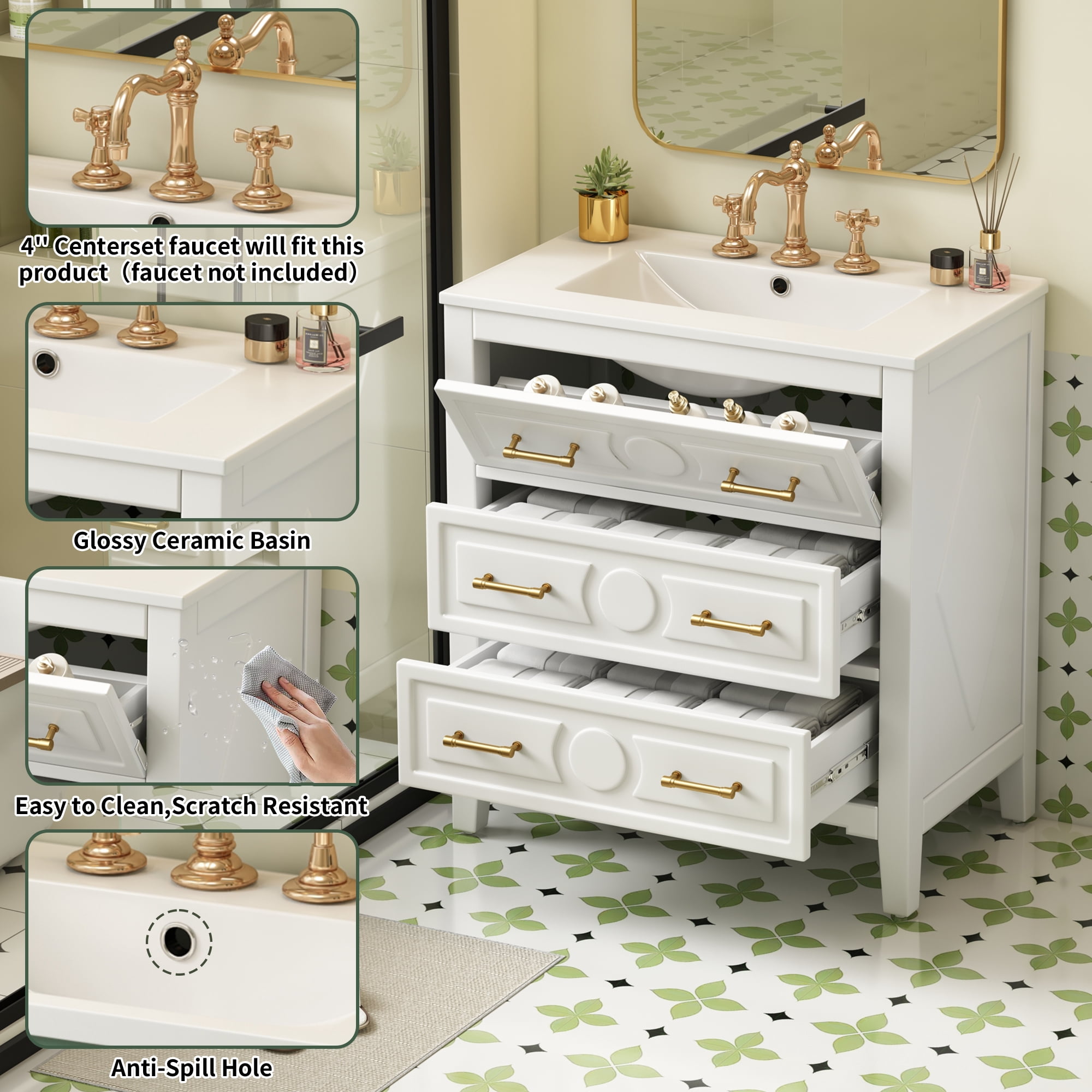 Euroco 30'' Bathroom Vanity with Ceramic Sink Combo, Free Standing Single Vanity Set with 3 Drawers, Solid Wood Frame Bathroom Storage Cabinet