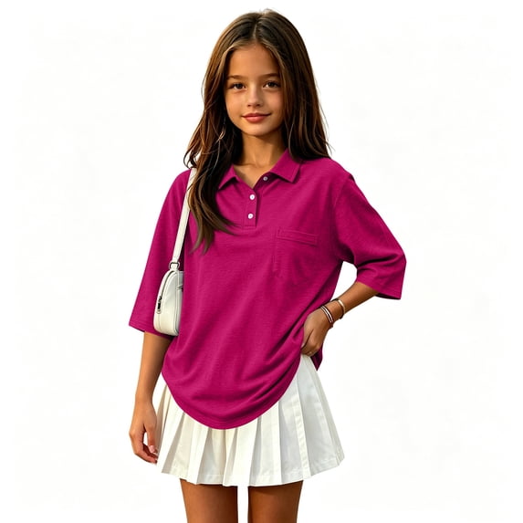 Girls Polo Shirt Summer Slim Fit Short Sleeve School Uniform Collared Polo Shirts for Girls Back to School Hot Pink,2-3 Years