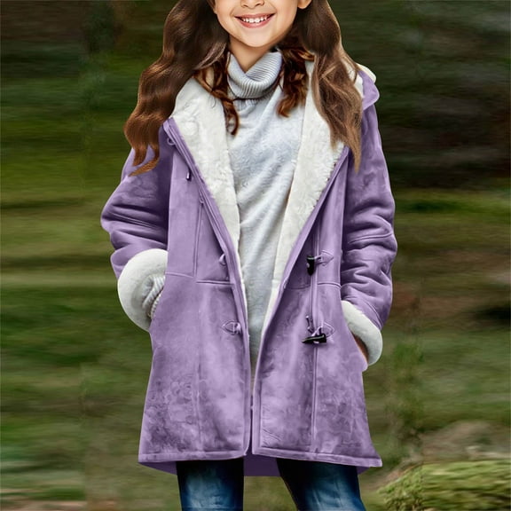Eltusu Girls Fleece Jackets, Warm Hooded Soft Windproof Winter Outerwear with Zipper Purple Size 10-12 T