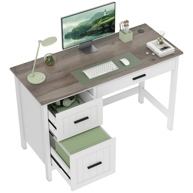 HOMCOM Bureau d'Ordinateur avec 3 Tiroirs, Bureau de Style Farmhouse pour Bureau à Domicile, Blanc