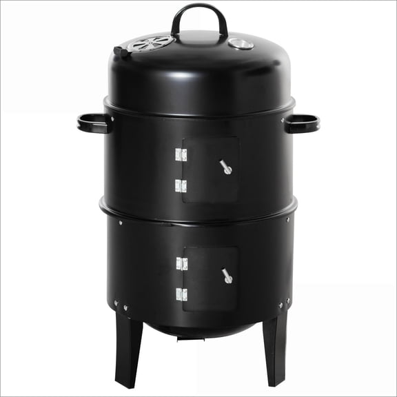Outdoor Grill | 3-in-1 16" Charcoal BBQ Smoker, 2 Cooking Areas, Thermometer for Backyard Camping | Black | Metal