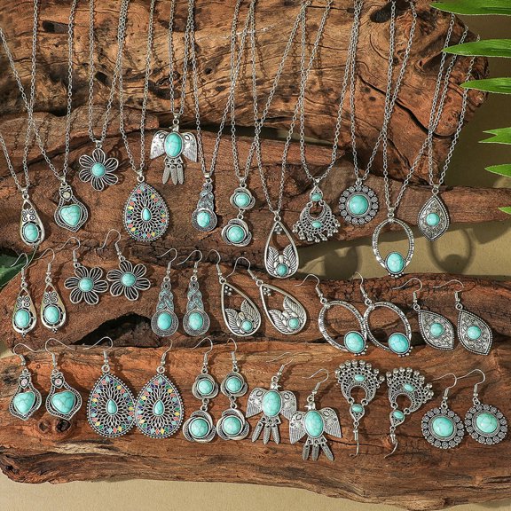 Fashion Turquoise Long Pendant Ear Rings Suit