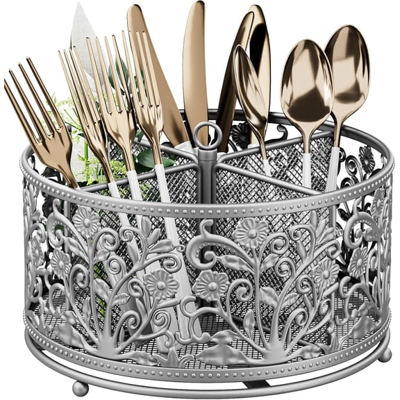 360° Rotating Utensil Caddy - Silverware Cutlery Caddy Holder with 4 Compartment, Metal Flatware Organizer Countertop with Handle for Party Camping Picnic, Kitchen Counter, Office (Silver)