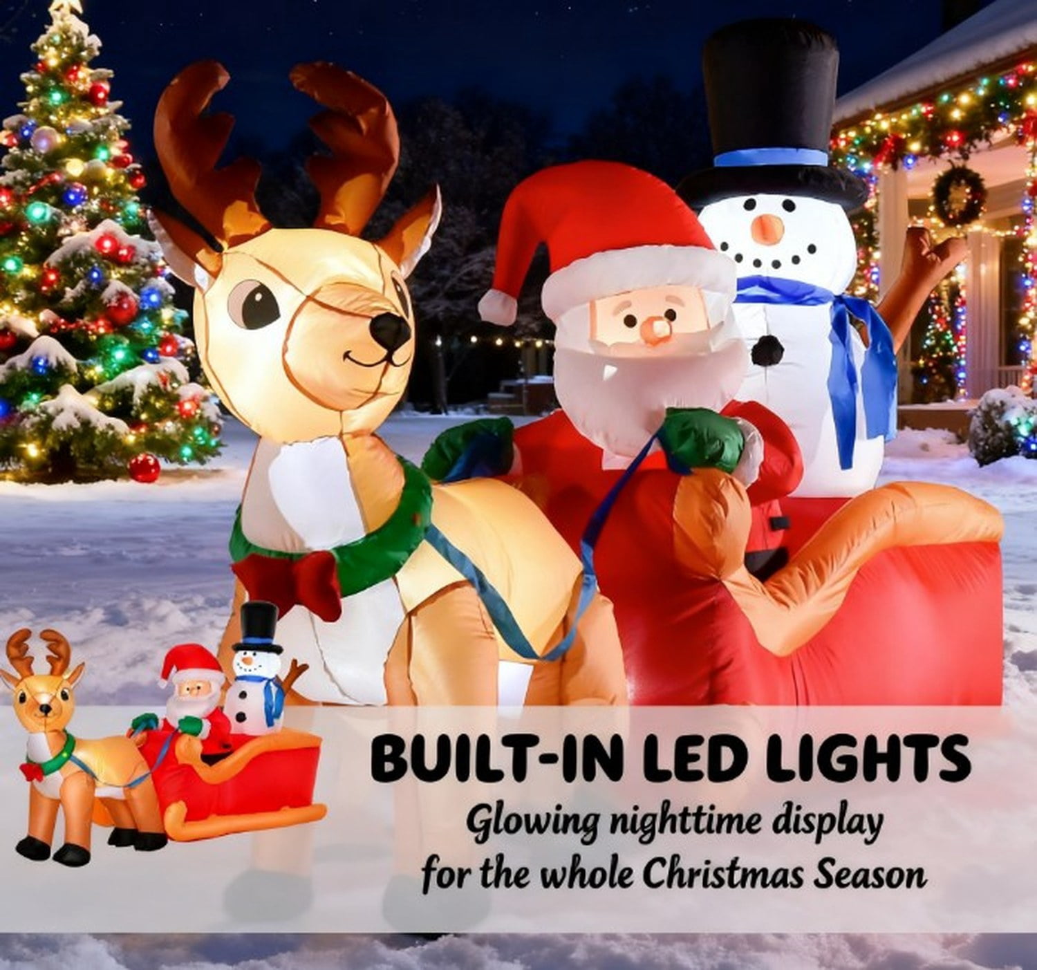 Christmas Inflatable Santa Claus with Reindeer and Snowman LED Yard Decoration, Red/Yellow, 78.75x31.5x50.5 in