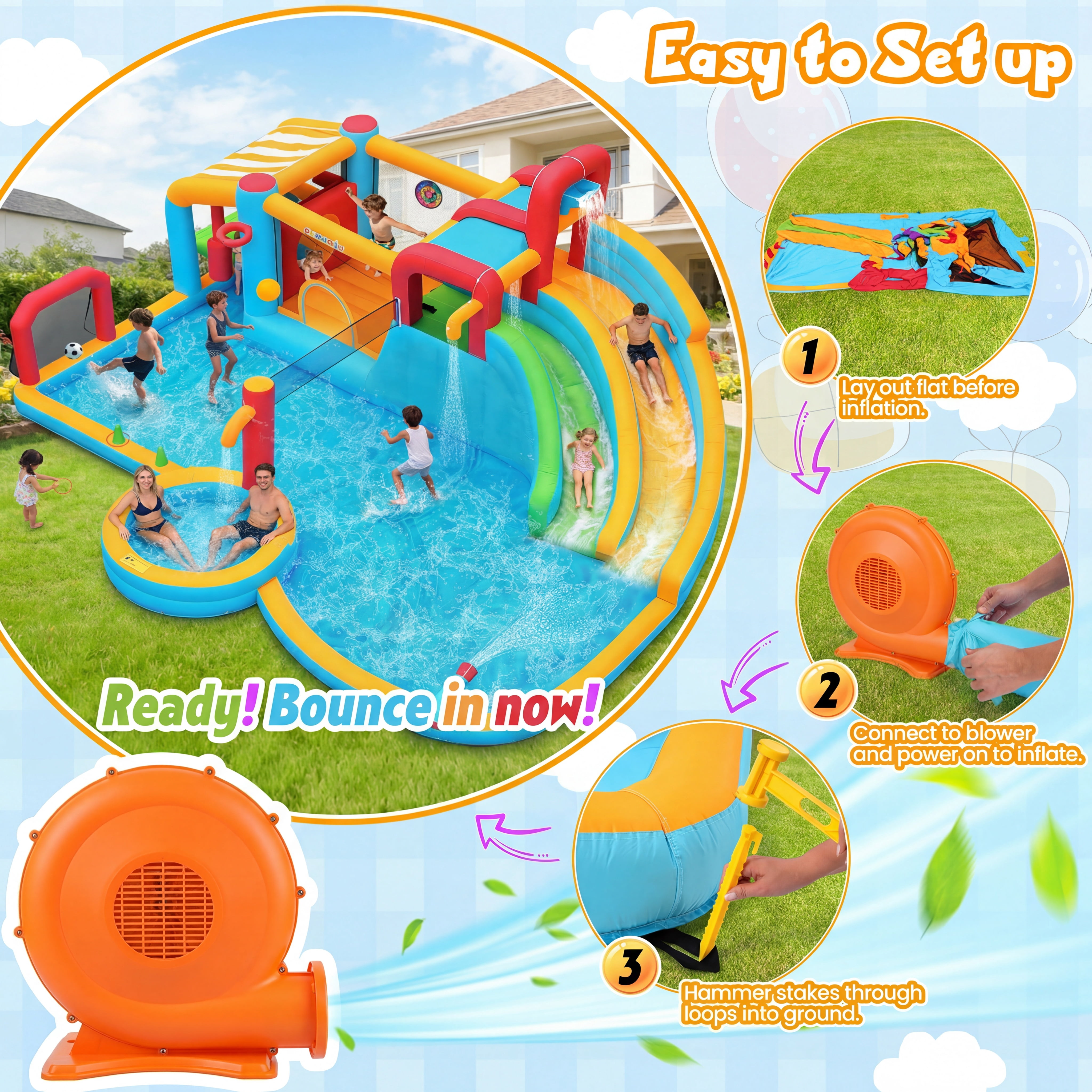 Adnoom 11in1 Inflatable Pool Water Slide for Big Kids 3~12, 21.6x17.2ft Giant Water Park, 2 Long Slide, Large Splash Pool&Deep Pool, 950w Blower, Backyard Bouncy Castle w/Jumping Area