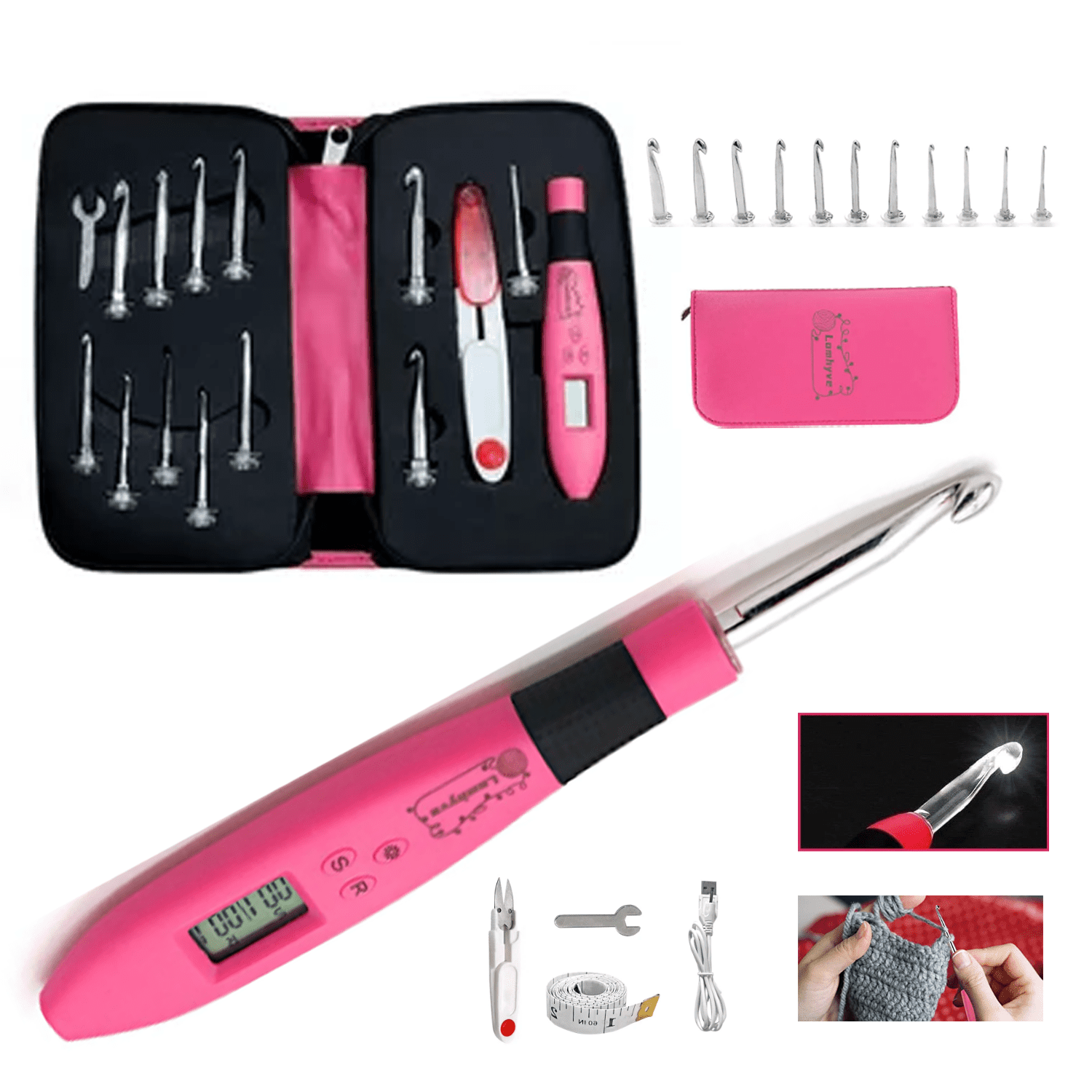 17pcs Lighted Crochet Hooks Complete Set, LED Crochet Hooks Sizes 2mm