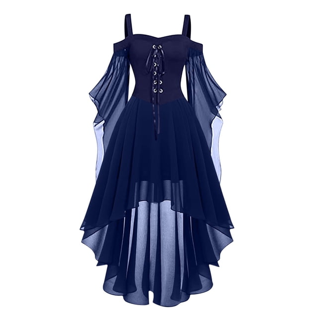 Robes Style Gothique pour Femmes Grande Taille Mode Robe Midi Corset Manches Longues Évasées Chiffon Fête Élégante