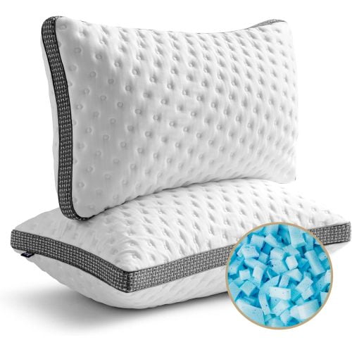 Queen Size Cooling Pillow Set of 2, Gel Memory Foam Pillows, Medium Firm Support with Cooling & Smooth Washable Cover for Back, Stomach & Side Sleepers