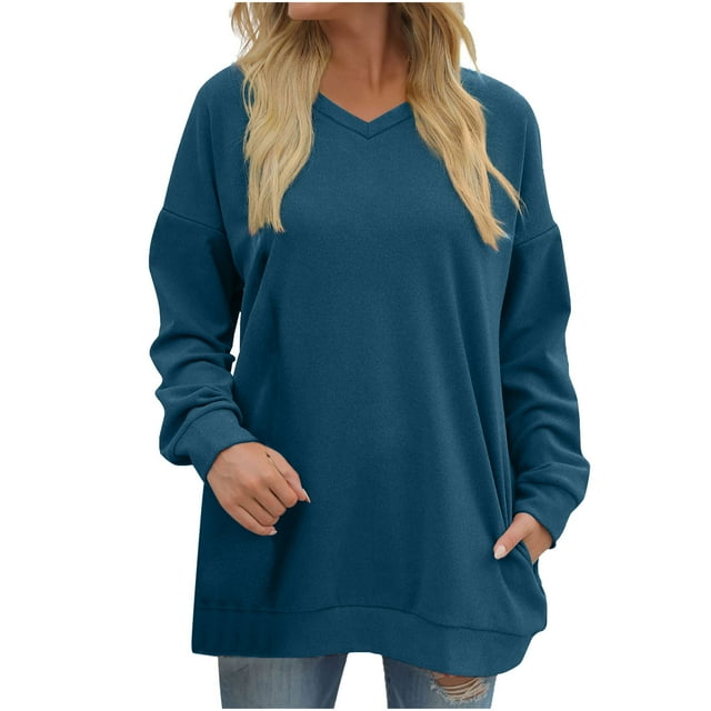 Yuyuzo Womens Sweatshirts Tops V Neck Long Sleeve Straight Line Pullover Fall Casual Sweatshirt Solid Color