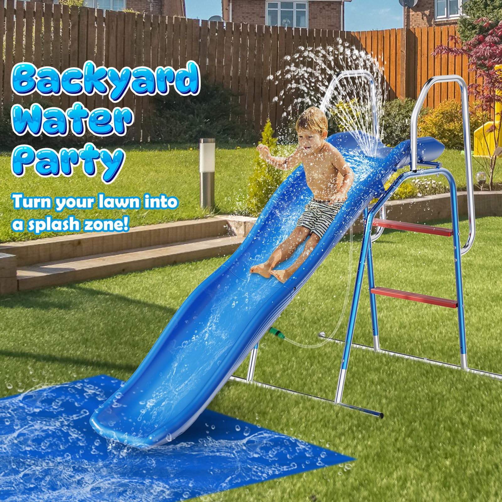 Lawn Water Slide with 3-Zone Spray Sprinkler and Ground Tarp Backyard Summer Outdoor Play