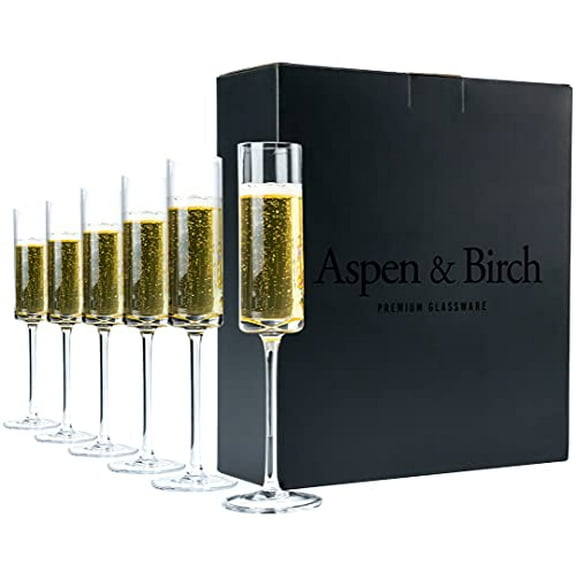 Aspen & Birch - Modern Champagne Flutes Set of 6 - Champagne Glasses - Mimosa Glasses, 100% Lead Free Crystal Stemware, Clear, 6 oz, Hand Blown Glass Champagne Flutes - Hand Crafted by