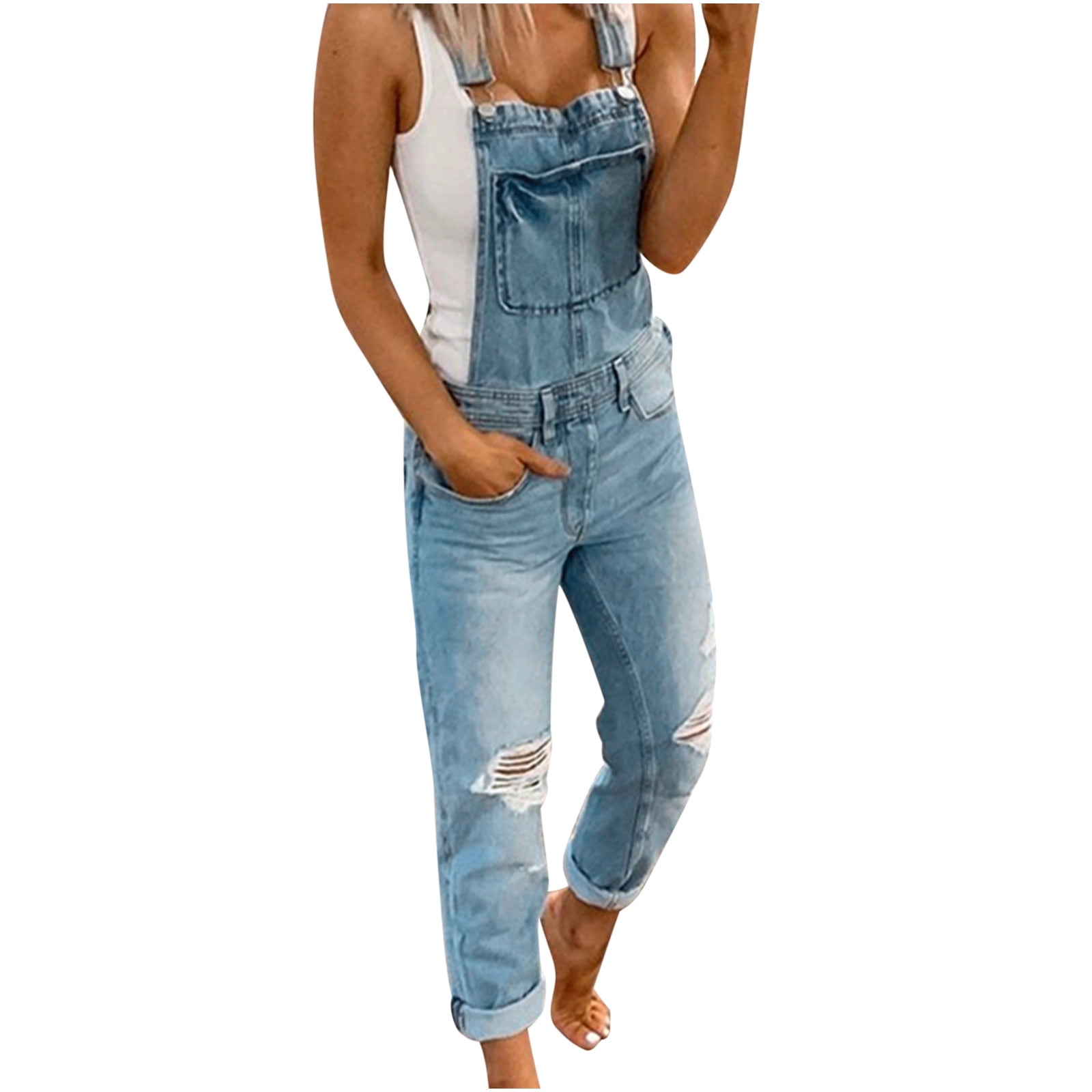 Luvamia Women's Stretch Denim Bib Overalls - Loose Fit, Adjustable Straps, Pockets