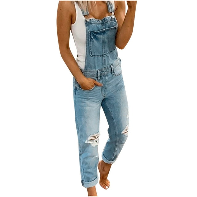 LOVZFMLL Combinaison Femme, Sport Décontracté à Double Bretelle en Denim Déchiré Bleu, TG
