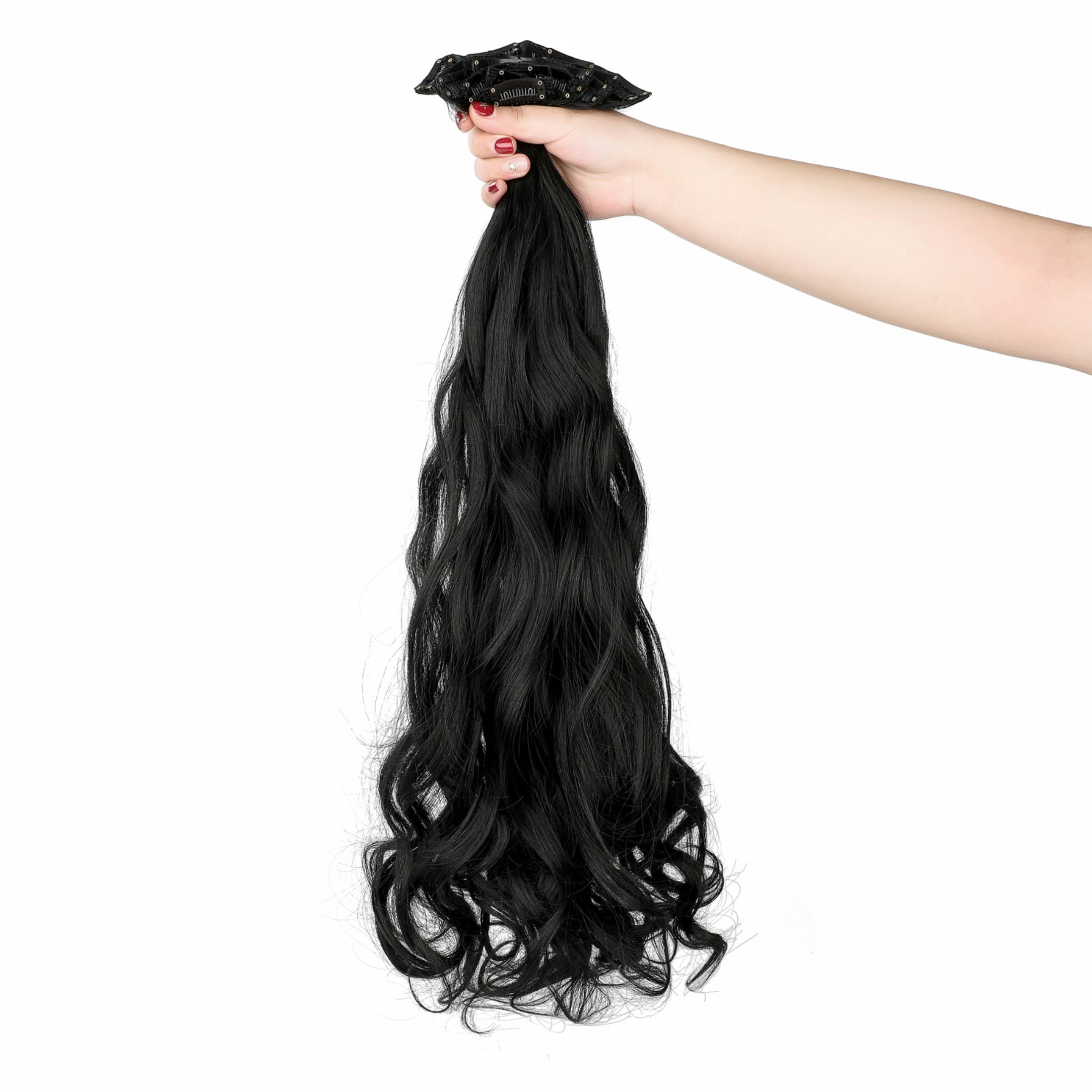 Qlenkay Clip in Hair Extensions Synthetic Hair 7 pcs Double Weft Long Wavy Straight Hair Extension for Women