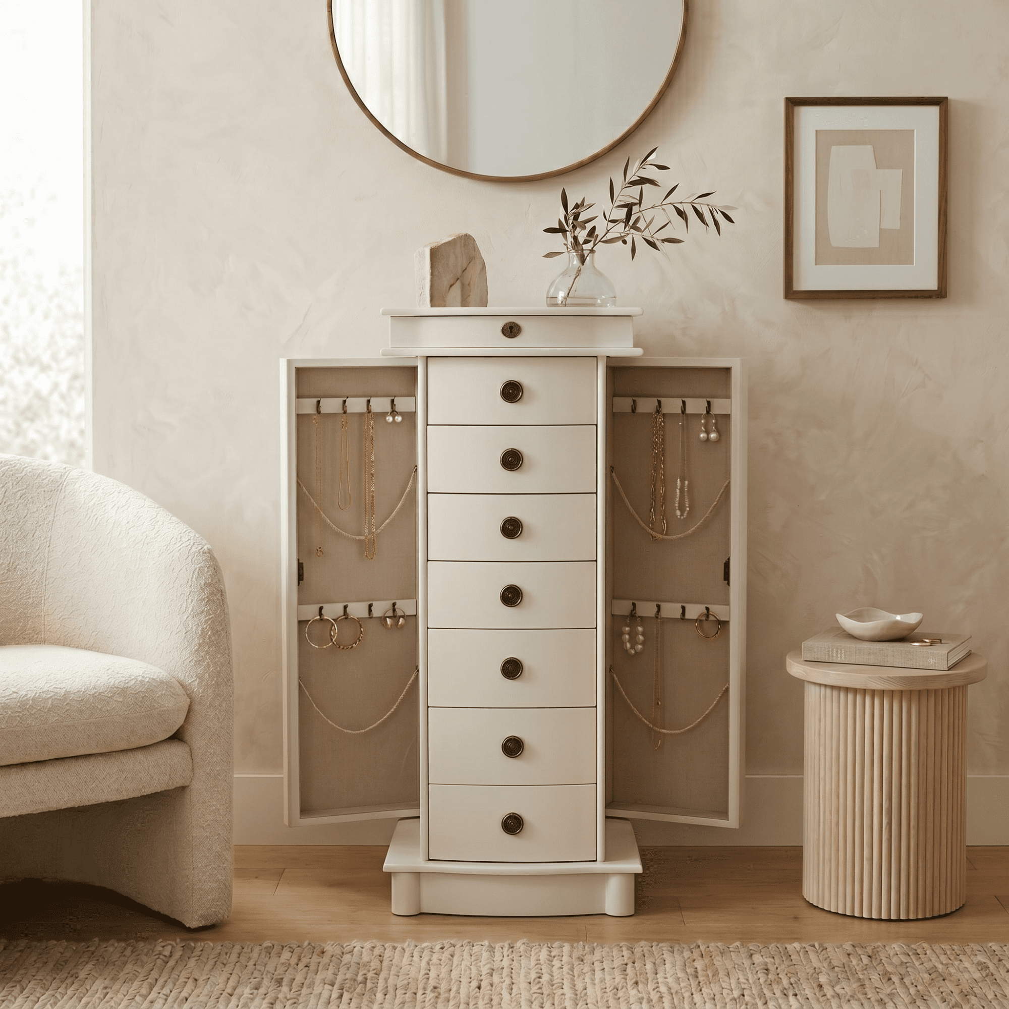 Hives and Honey Nora Traditional Jewelry Armoire with Locking Compartment and Ample Storage, White