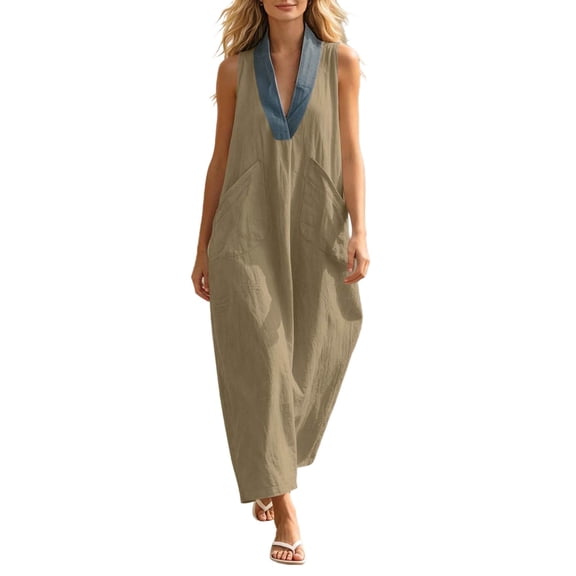 SAWOBUUN Womens Sleeveless Maxi Dress V Neck Contrast Collar Caftan Dress Casual Loose Fit Cotton Linen Long Sundress with Large Pockets