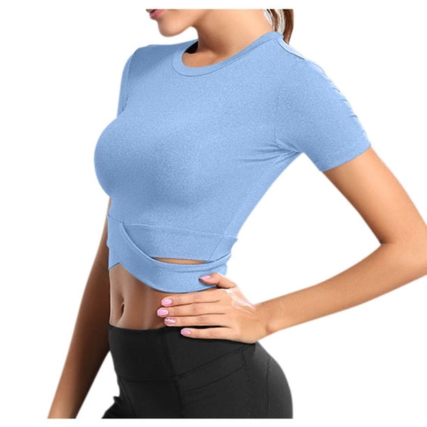 Blusas de manga corta holgadas para yoga, blusas informales transpirables con cuello redondo
