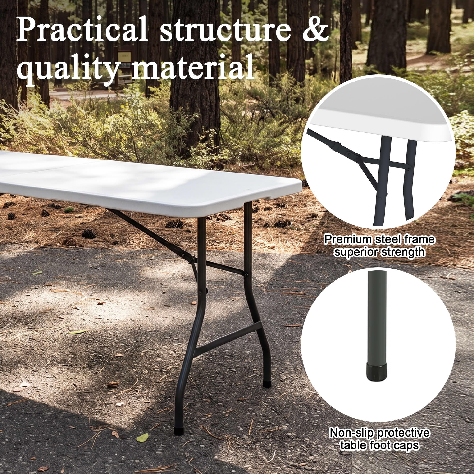 MAYEERTY 5FT White HDPE Fold-in-Half Folding Table, Powder Coated Steel Frame UV Water Resistant Outdoor Portable Table
