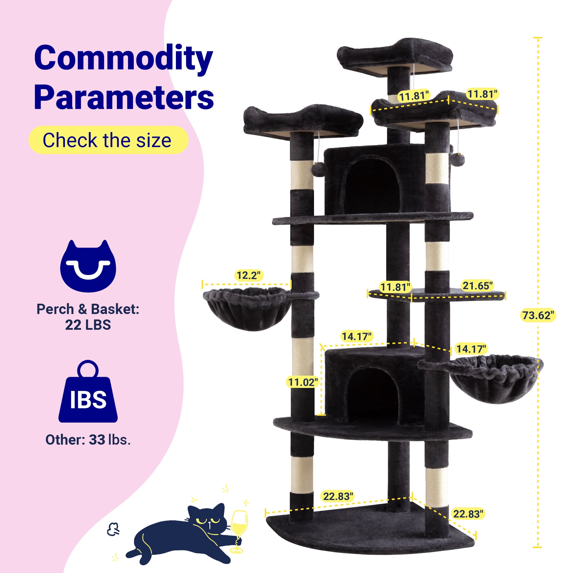 Allewie 73in Fan-Shaped Space-Saving Corner Cat Tower, Multi-Level Tall Cat Tree for Indoor Kitties, Cozy Baskets, Condos, House, Perches, Sisal Scratching Posts, Dark Grey