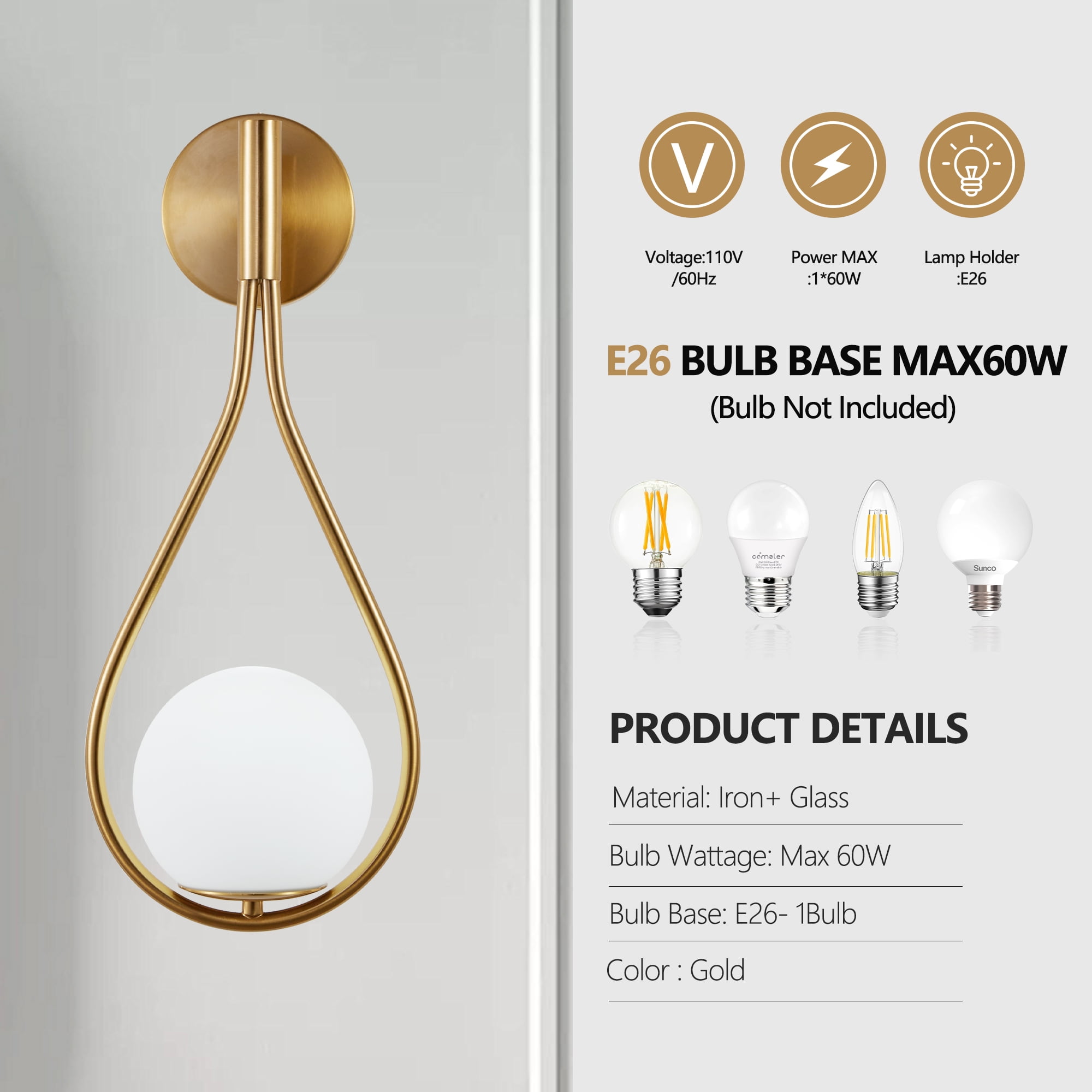 Efdelf Modern Energy Efficient Brushed Brass Wall Sconces with Frosted Glass Globe 2 Count