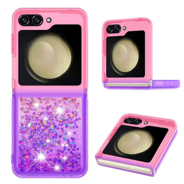 funda para samsung galaxy z flip 6 5g transparente con brillos carcasa protectora antigolpes con glitter brillante Rosa morado, vista frontal y 3/4 de la funda slim para Galaxy Z Flip 6 5G; panel inferior con líquido glitter multicolor móvil, panel superior liso para la pantalla externa, esquinas acolchadas, recortes precisos para cámara, botones y puerto, material TPU flexible y transparente. Suele usarse como funda llamativa y regalo para chicas y adolescentes.