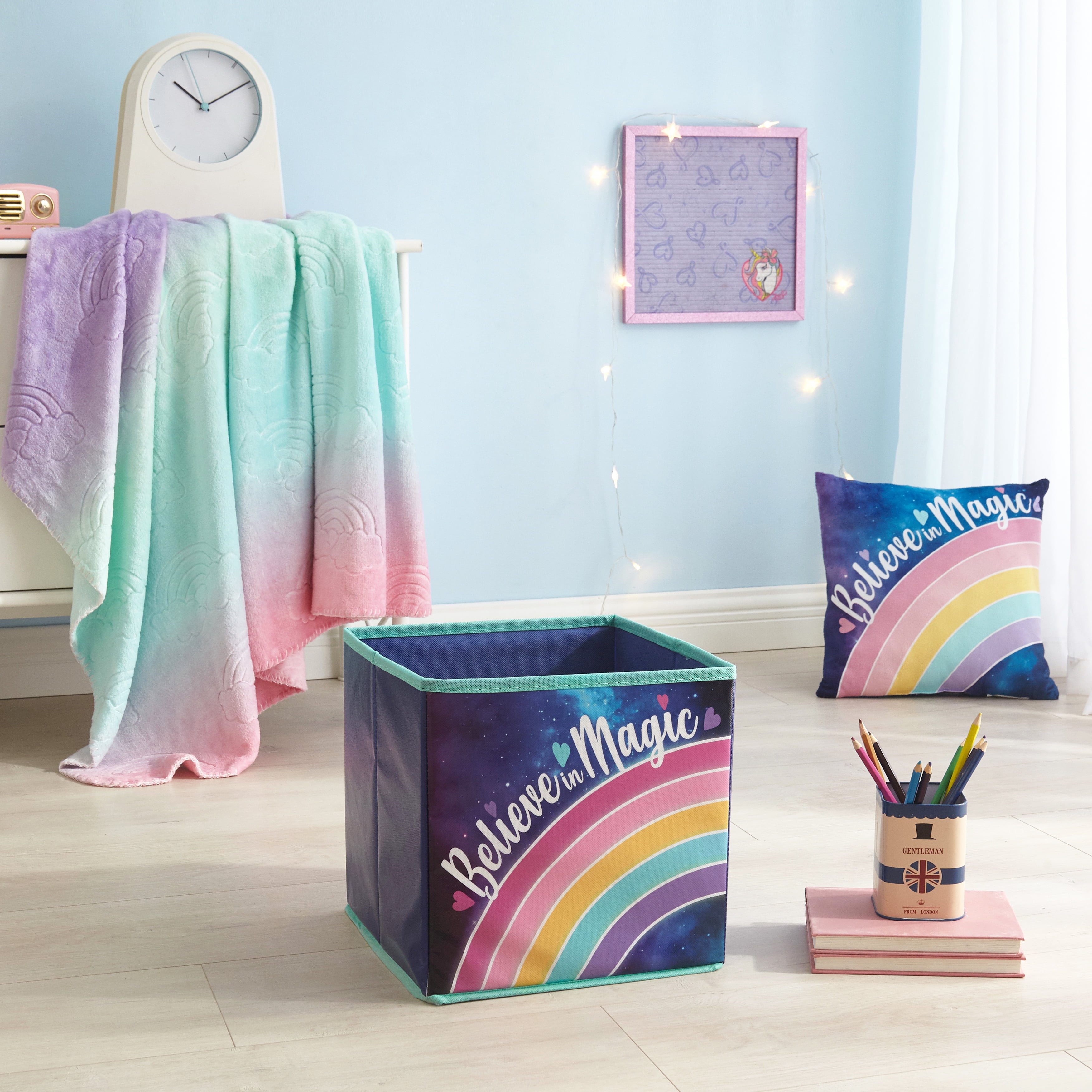 Your Zone Kids Rainbow 3 Piece Set, Includes Storage Cube, Soft 50' x 60' Plush Throw and Decorative Pillow, Multicolor